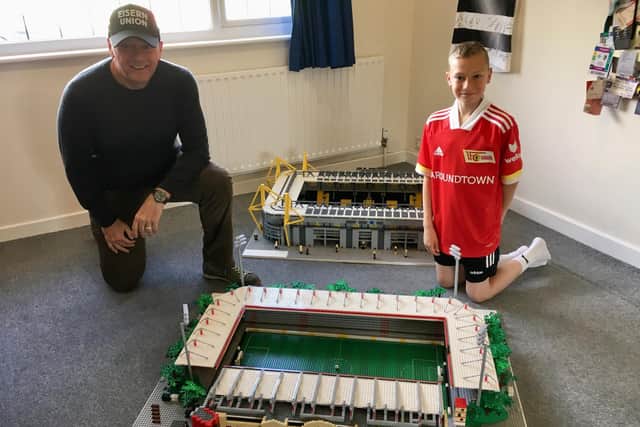 Joe Bryant (right) received an unexpected visit from German ambassador Andreas Michaelis after creating Union Berlin's stadium out of Lego