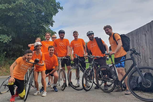 Oliver Hare's friends and brother Sam at the start of the London to Worthing bike ride for the charity Olly's Future