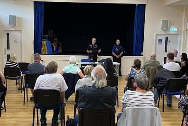 Police talk to Langney residents as part of a community meeting at Langney Community Centre. Picture from Sussex Police. SUS-210818-161726001