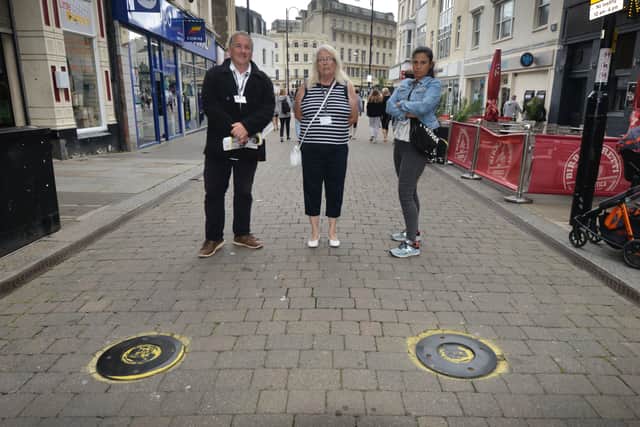 Councillors' bollard demo in Hastings town centre - raising awareness around the issue and improve town centre space for pedestrians.


L-R: Councillors Paul Barnett, Judy Rogers and Maya Evans SUS-210818-155215001