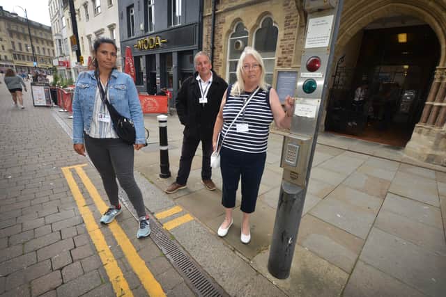 Councillors' bollard demo in Hastings town centre - raising awareness around the issue and improve town centre space for pedestrians.

L-R: Councillors Maya Evans, Paul Barnett and Judy Rogers SUS-210818-155228001