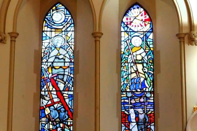 Memorial windows designed by stained glass artist Caroline Benyon for Church of St James in Twickenham