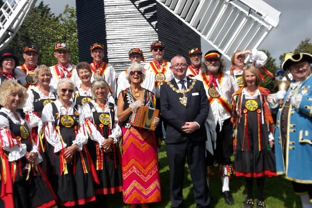 Sompting Village Morris with Worthing mayor Lionel Harman and town crier Bob Smytherman at High Salvington Mill