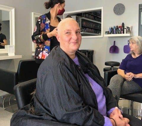 Mum Sandra Haines after braving the shave at Haywards Heath's Beautique Hair and Beauty Salon