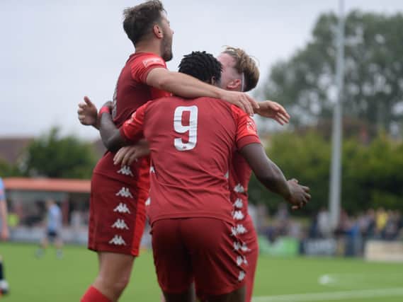 Worthing celebrate after Ollie Pearce strikes / Picture: Marcus Hoare