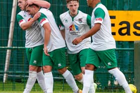 Bognor celebrate after Charlie Bell gets them back in the game at East Thurrock / Picture: Lyn Phillips