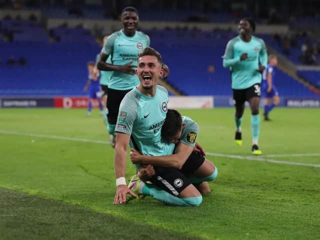 Andi Zeqiri celebrates his goal during the 2-0 Carabao Cup triumph in Cardiff