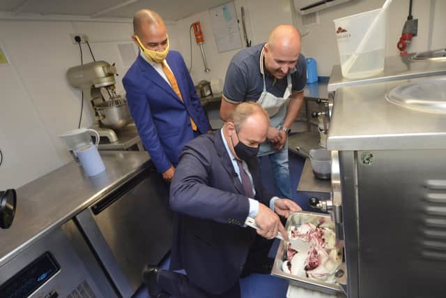 Liberal Democrat Leader Sir Ed Davey MP making and serving ice cream at Gianni's restaurant and ice cream parlour in Eastbourne. SUS-210824-161122001