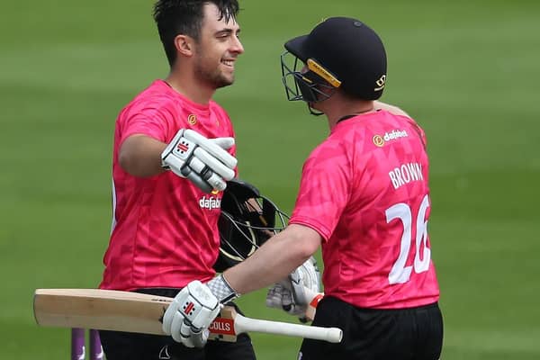 Tom Haines and Ben Brown celebrate Haines' ton against Middlesex - a game in which Brown also got one / Picture: Getty