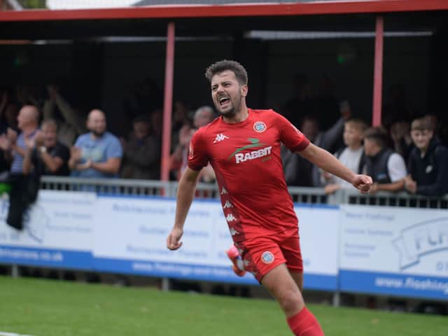Ollie Pearce celebrates one of his two goals that saw off Bowers / Picture: Marcus Hoare