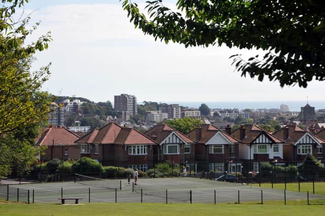View across Old Town Eastbourne to sea from Old Town Rec.
