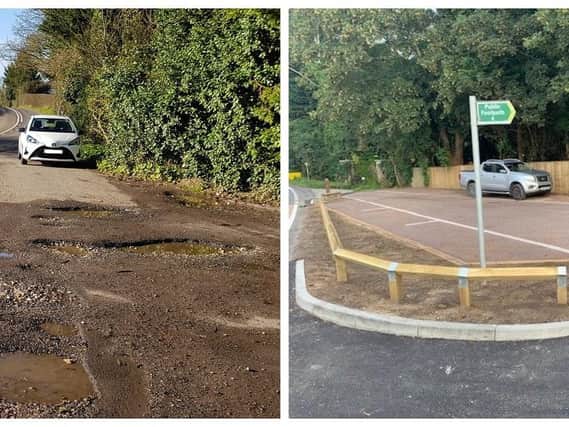 Before and after - parking provision: a safety enhancement, with formalised bays for up to 12 cars on Denge Lane