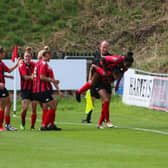 Lewes Women celebrate Kallie Balfour's goal in their 2-2 friendly draw with West Ham United last Sunday. Picture by James Boyes