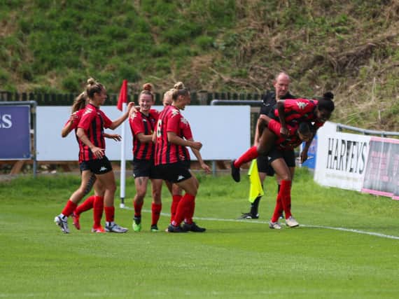 Lewes Women celebrate Kallie Balfour's goal in their 2-2 friendly draw with West Ham United last Sunday. Picture by James Boyes