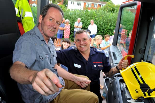 Fire service visits former firefighter at Greenways Care Home, Bognor. Pic S Robards SR2108265 SUS-210826-175206001