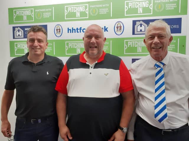 Heath chairman, Steve Isherwood (centre) flanked by Blues ambassador, Derek Elphick (left) and Jim Collins, head of commercial
