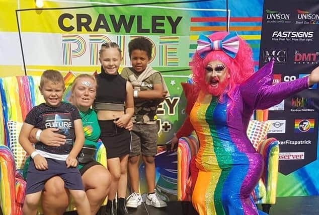 Diane Tomlinson and her family with Camille Toe at the Crawley Pride festival