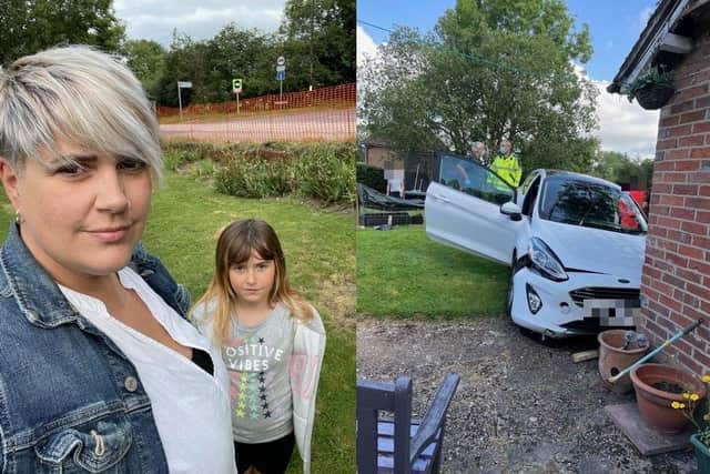 Left, Kellie and her daughter, and right, the car crashed into the house