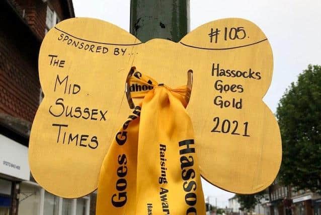The Mid Sussex Times has sponsored one of the giant gold bows for Hassocks Goes Gold 2021. Picture: Rachel Bartlett Bundy.