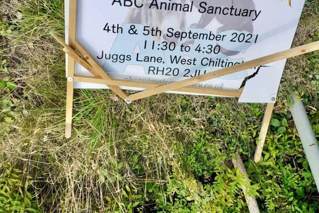 One of the vandalised signs advertising the ABC Animal Sanctuary's special fundraiser