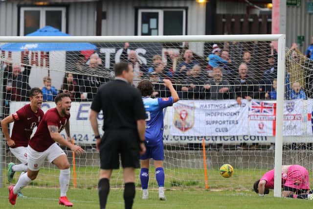 The ball's in the Whitehawk net after Sam Hasler's opener / Picture: Scott White