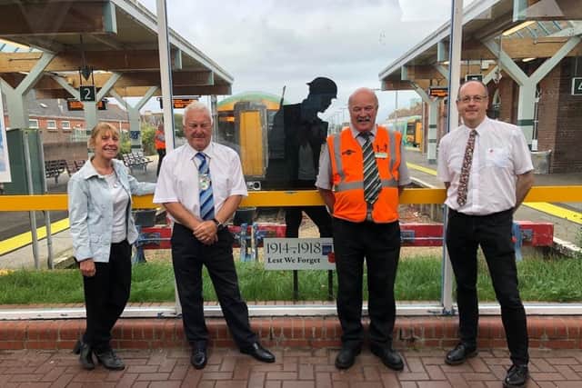 Littlehampton Railway Station platform supervisor Sean Morris with Rowena Tyler, community development officer for Southeast Communities Rail Partnership, East Preston Parish Council chairman Steve Toney and clerk Simon Cross, far right