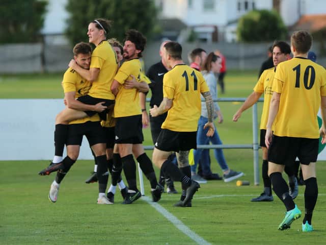 Littlehampton celebrate an early Cup replay goal on their way to beating Sittingbourne / Picture: Martin Denyer