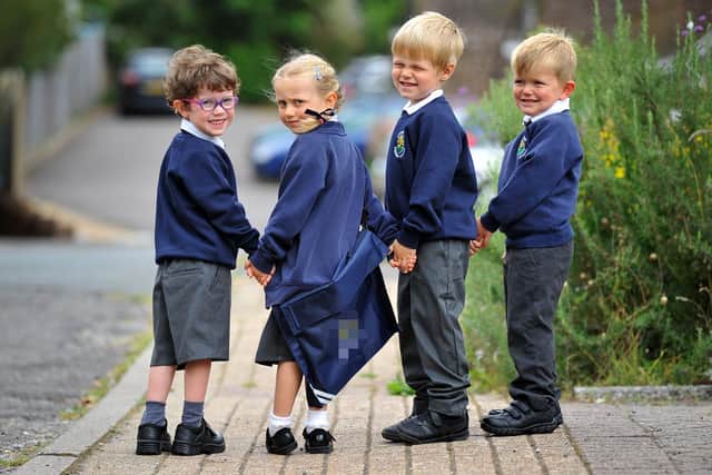 Four families in the same street in Storrington all have children starting school this year Jensen, Bella, Harry and  Zavier. Pic S Robards SR2109023 SUS-210209-173101001