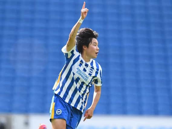 Albion striker Geummin Lee celebrates her goal against West Ham