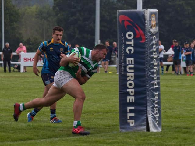 Taylor Morris goes over to score for Horsham in their 36-16 loss at Guildford. Pictures by DAS Sport Photography