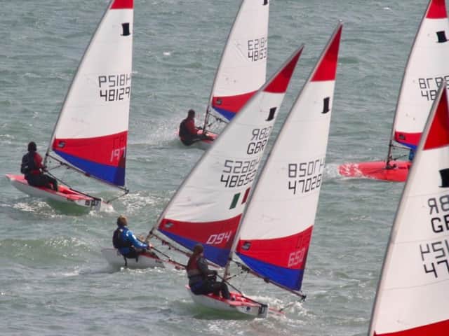 Toppers racing in a good breeze in the Topper Open / Photo by David Caffrey