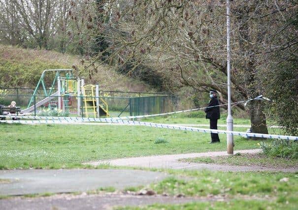 Police at the scene in Longcroft Park. Picture by Eddie Mitchell