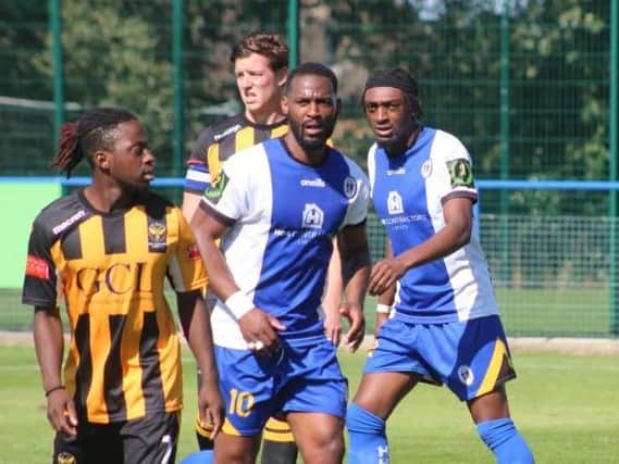 Jerson Dos Santos was on the scoresheet for Haywards Heath in their 1-1 draw with VCD Athletic, while Gil Carvalho caused the Vickers defence problems. Picture by Tony Sim