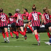 Ini-Abasi Umotong wheels away in celebration after netting for Lewes against London City Lionesses. Picture by James Boyes