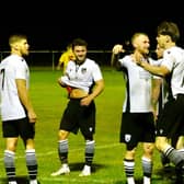 Bexhill United celebrate Evan Archibald's goal in their historic win over Lingfield. Pictures by Joe Knight