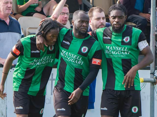 Burgess Hill Town celebrate Trey Masikini's goals in their 2-0 win over Bracknell Town in the FA Cup first qualifying round. Picture by Chris Neal