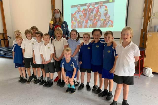 Andrea Proske, a Tokyo 2020 Olympic Gold Medalist, visited Balcombe Primary School. Picture: Balcombe Primary School.
