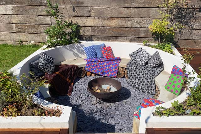 Secret Pillows around the firepit in the Pulborough house featured on Channel 4's Grand Designs