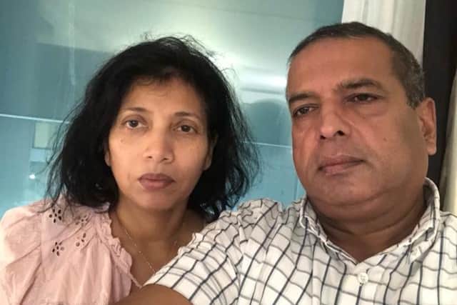 Vice chairman of West Sussex County Council Sujan Wickremaratchi and his wife pictured at their quarantine hotel near Heathrow airport