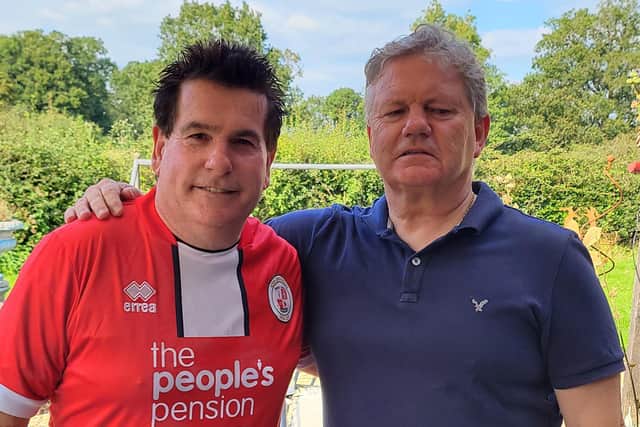 Boomtown Rats tour manager and Crawley Town fan Mark Welch with Reds boss John Yems