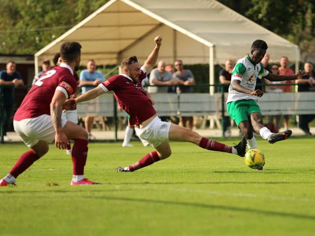Nathan Odokenyero gets the Rocks back into with a goal at Potters Bar / Picture: Martin Denyer