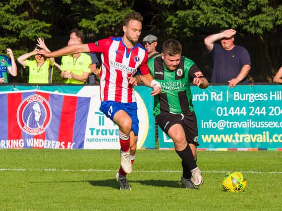 Jay Lovett wasn’t downhearted following Burgess Hill Town’s 4-0 home defeat to Dorking Wanderers in the FA Cup second qualifying round on Saturday. Pictures by Chris Neal