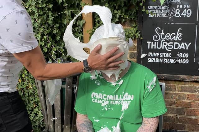 Adam gets a pie in the face at The Burrell Arms in Haywards Heath.