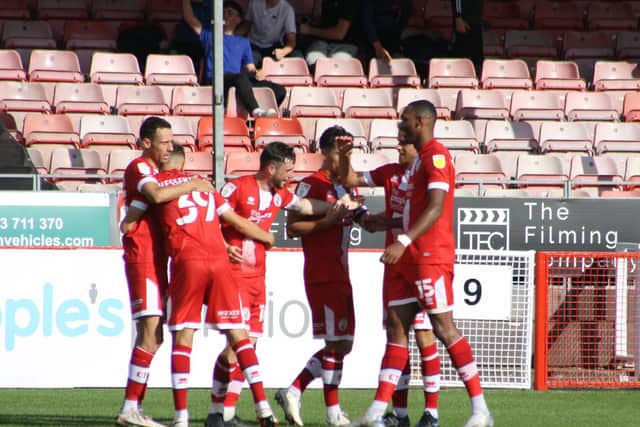 Crawley Town celebrate Will Ferry's opener against Bradford City. Pictures by Cory Pickford