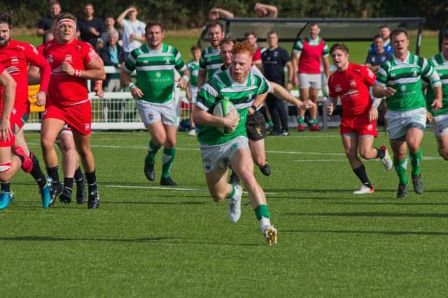 Horsham man of the match Austin Emens on a scything run through the London Welsh ranks. Picture courtesy of Richard Ordidge