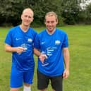 Karl Baller (right) and Jason Suckling received trophies for netting 200 and 50 goals respectively for Charlwood Village. Picture courtesy of Joey Carey