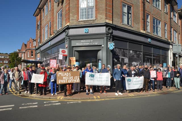Meads Community Association (MCA) and local residents protesting about the closure of the Co-op and Post Office in Meads Street,  Eastbourne. 

The site will be closing in February 2022. SUS-210929-133231001