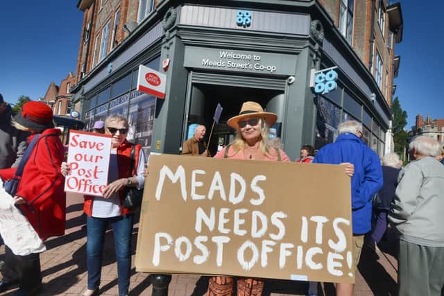 Meads Community Association (MCA) and local residents protesting about the closure of the Co-op and Post Office in Meads Street,  Eastbourne. The site will be closing in February 2022. SUS-210929-133417001