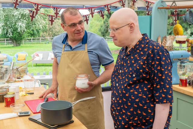 Jürgen from Brighton pictured with Matt Lucas on the set of The Great British Bake Off