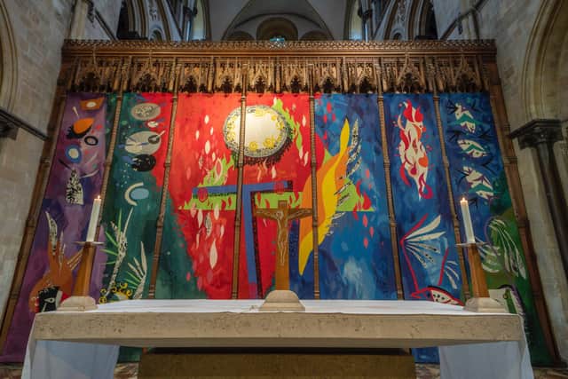 Tapestry at the high altar, designed by John Piper and installed in 1966. Photo courtesy of the Dean and Chapter of the Cathedral.